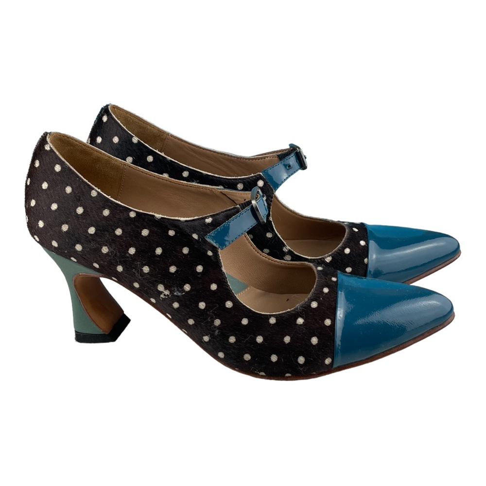 John Fluevog Malala -Pony Dots & Teal Patent toed mary jane Shoes heel Sz 8.5